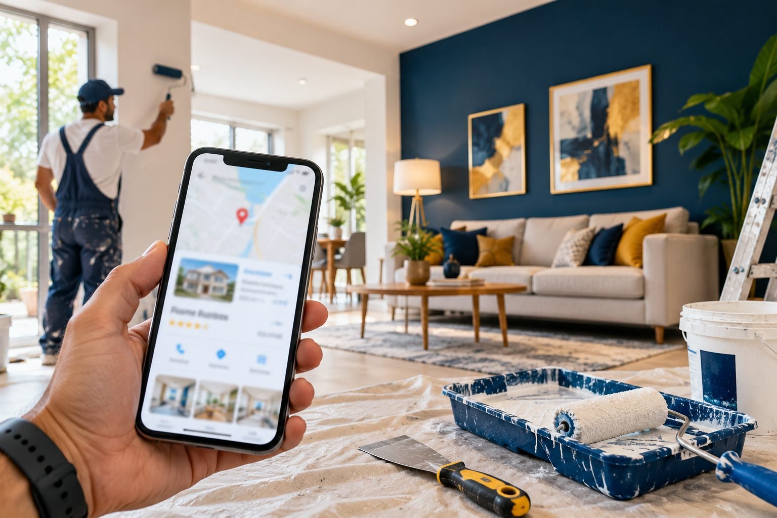Business profile on a phone in a freshly painted home, with painting tools nearby