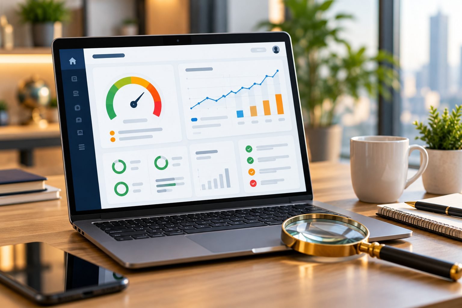 Laptop showing a website performance dashboard beside a magnifying glass